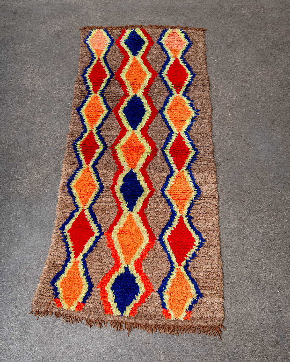 Modern, designer, handcrafted Berber runner rug from Morocco. Vintage carpet with beautiful colours and patterns and fluffy texture